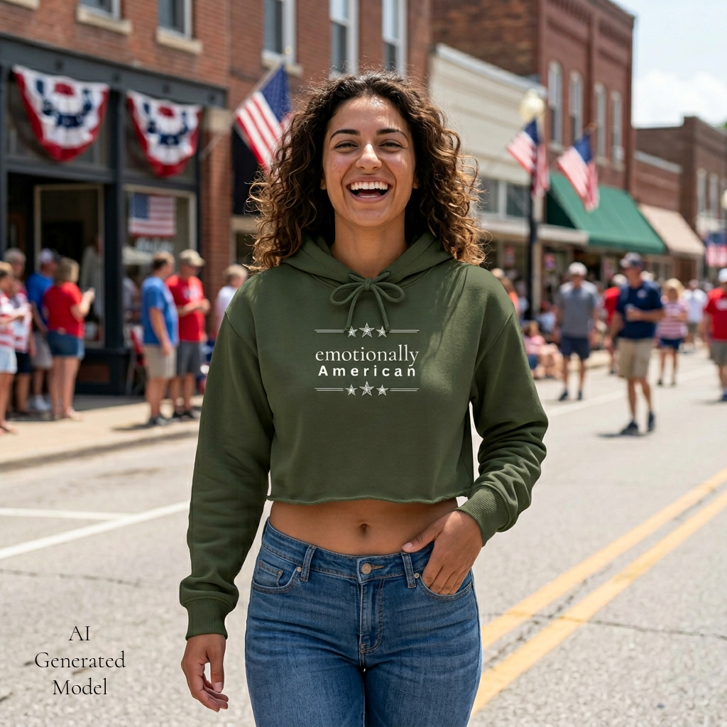 emotionally american | cropped hoodie | red, white & unfiltered.™ | group chat energy | (Custom Name Option)