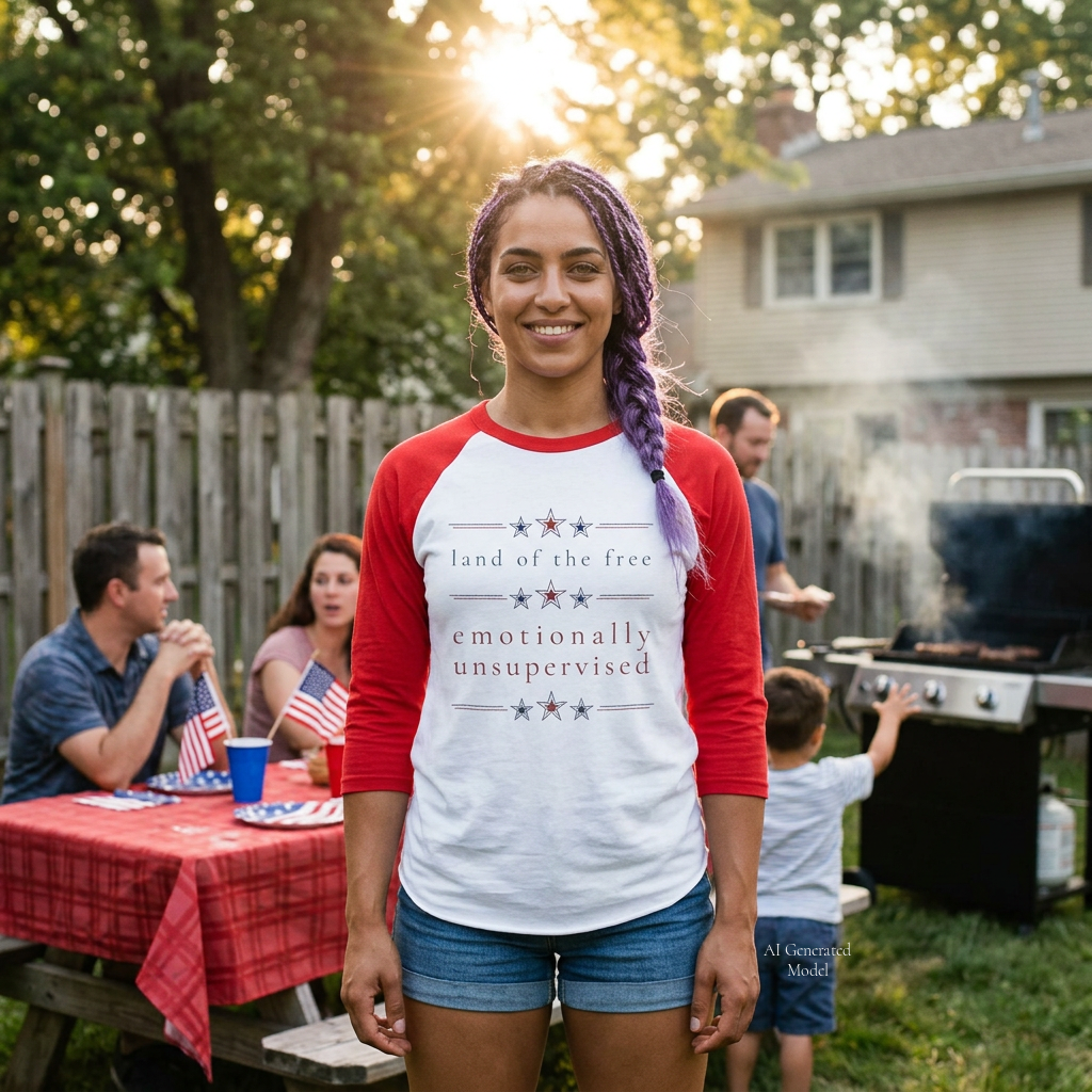 land of the free. emotionally unsupervised | 3/4 sleeved shirt | Group Chat Energy | Red White & Unfiltered