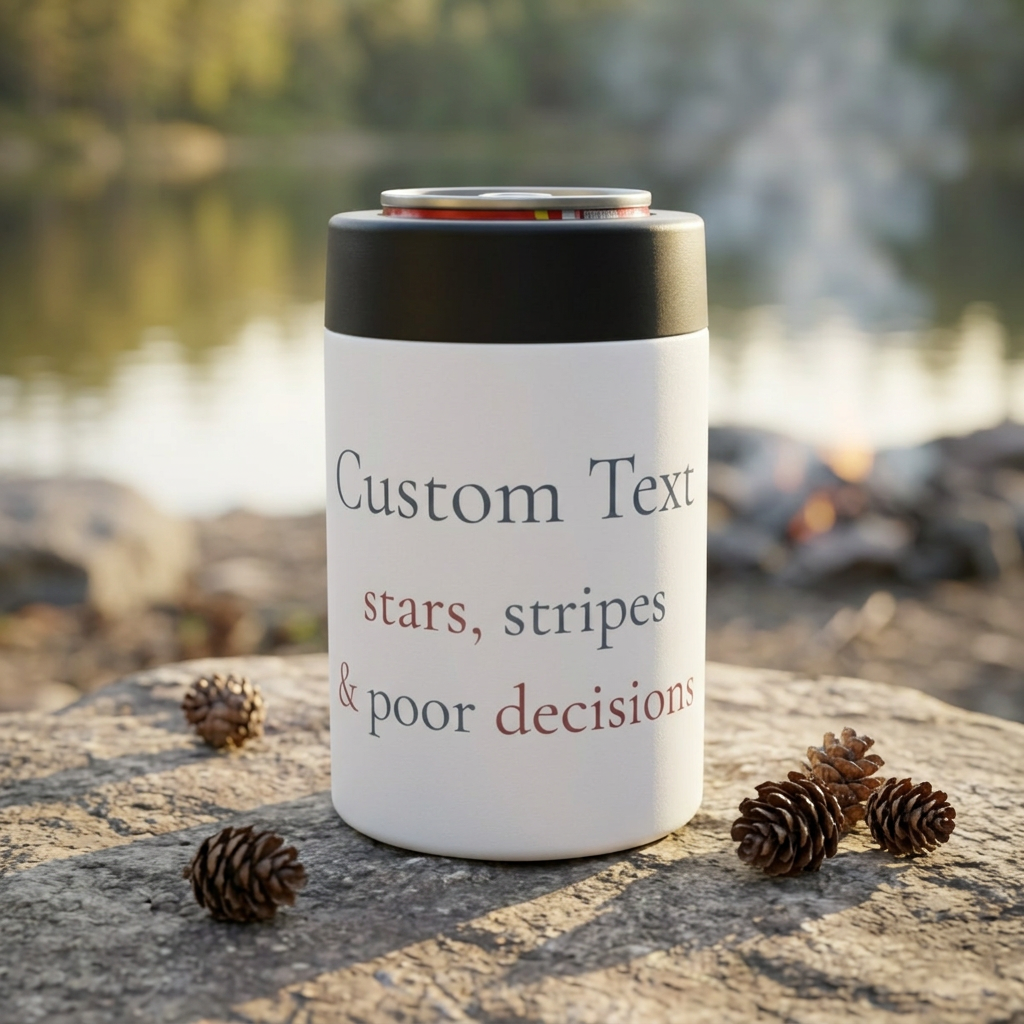 "stars, stripes, & poor decisions" | custom text 12 oz can holder | Group Chat Energy | Red White & Unfiltered