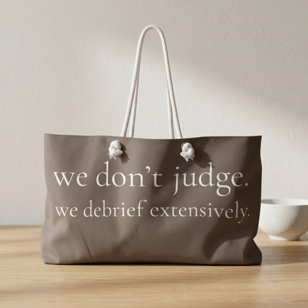 we don't judge. we debrief extensively. |  weekender bag | Loyal but Questionable | Group Chat Energy