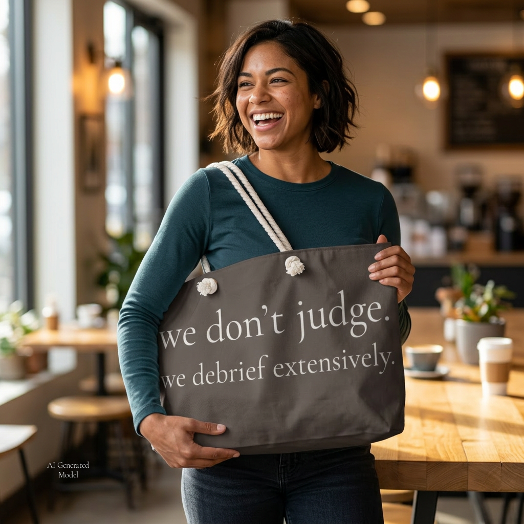 we don't judge. we debrief extensively. |  weekender bag | Loyal but Questionable | Group Chat Energy