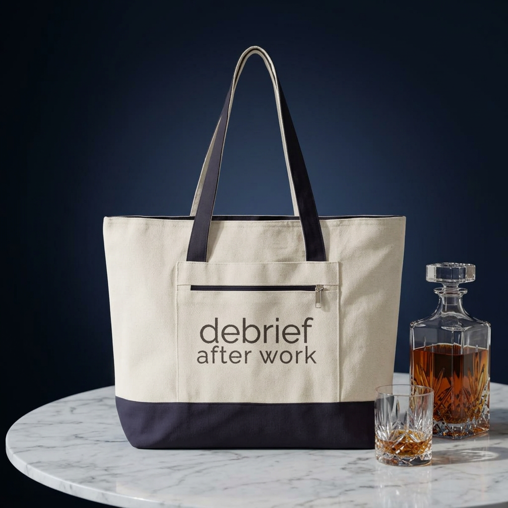 debrief after work | canvas tote bag | zippered everyday carry tote | Debrief After Work | Group Chat Energy