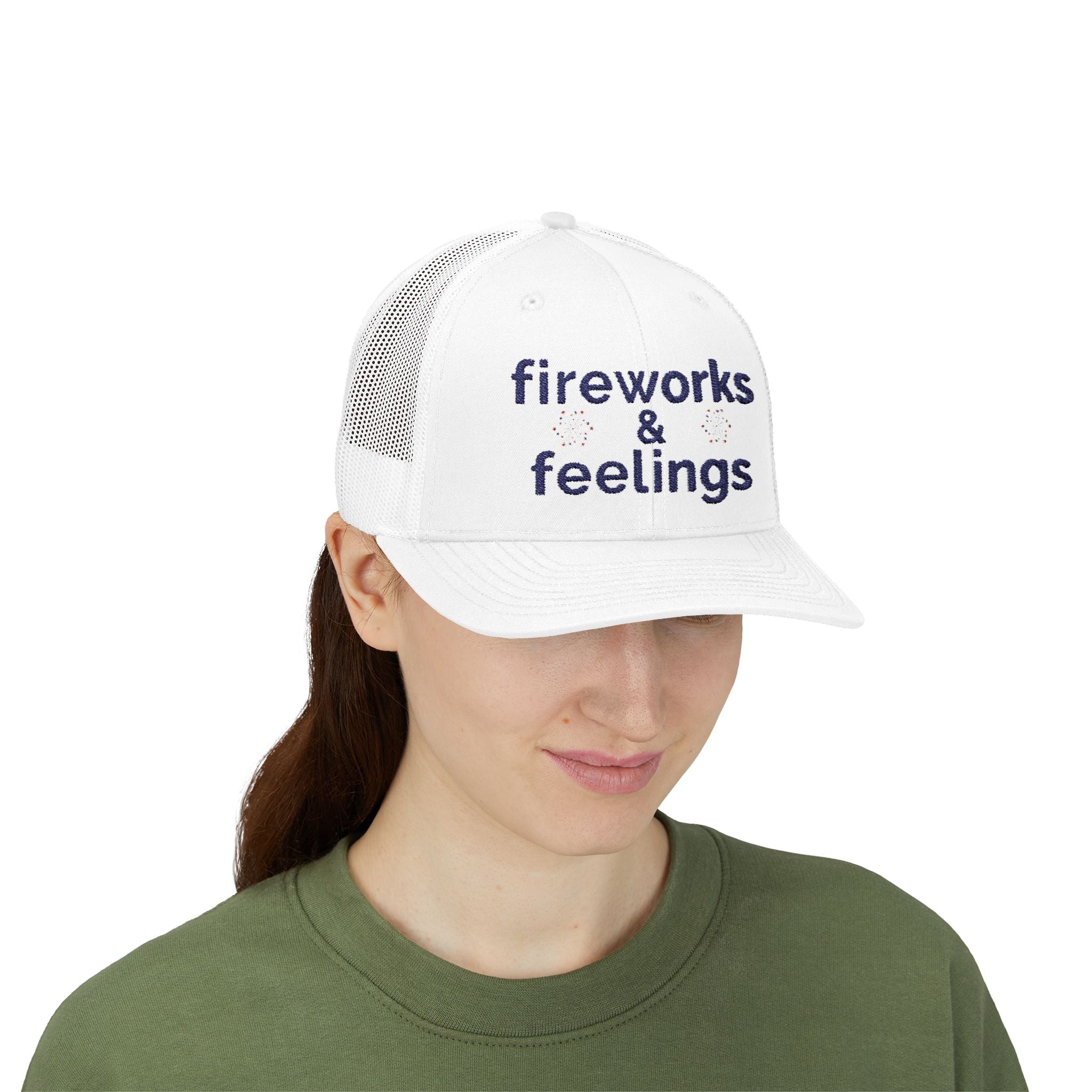 fireworks & feelings | Snapback Trucker Hat | Red White & Unfiltered | Group Chat Energy