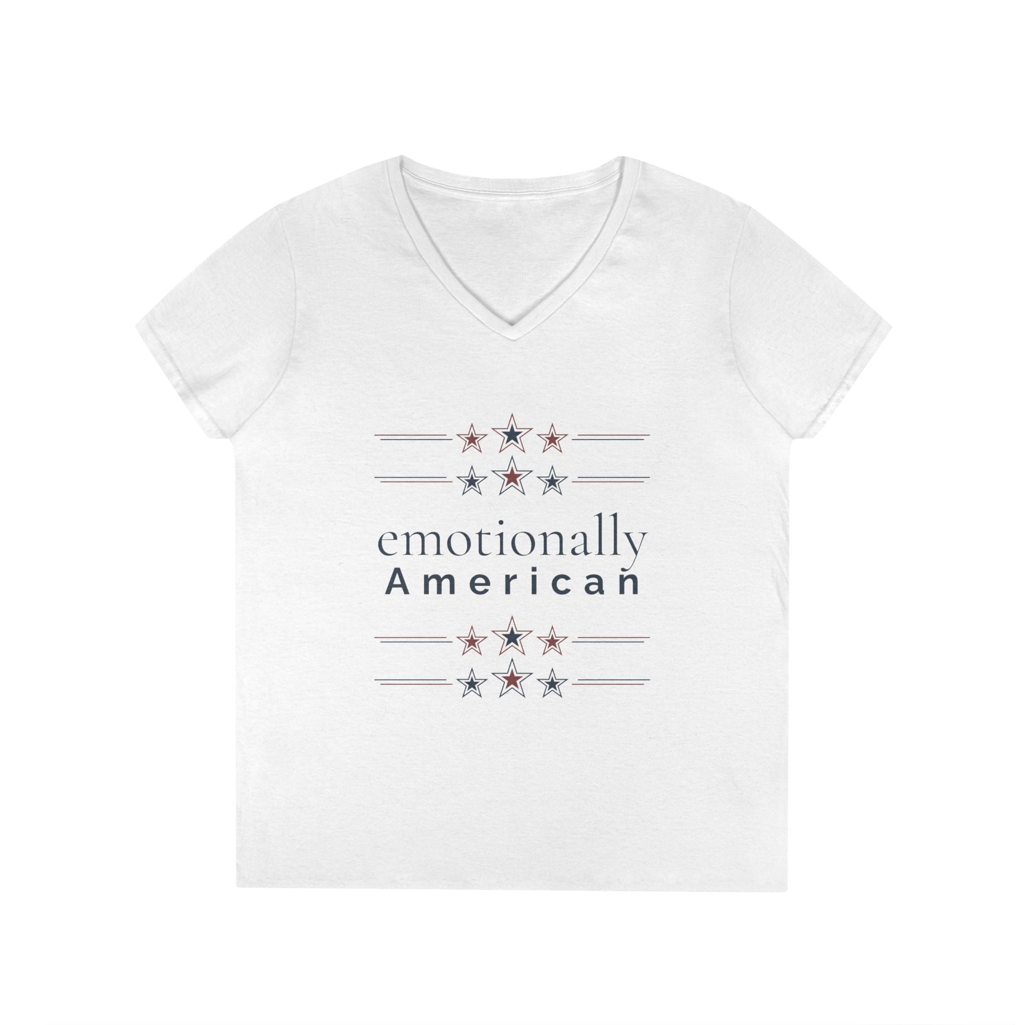 "emotionally american" | V-Neck Tee | Red White & Unfiltered | Group Chat Energy