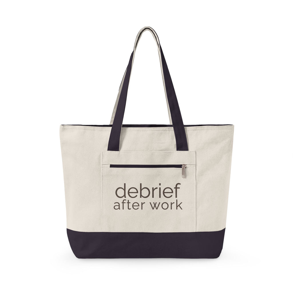 debrief after work | canvas tote bag | zippered everyday carry tote | Debrief After Work | Group Chat Energy